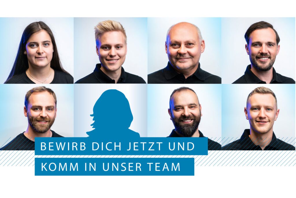 Abbildung von Mitarbeitern von a3Ds mit der Aufschrift: Bewirbn dich jetzt und komm in unser Team.